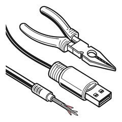 Pliers repairing exposed wires on black usb cable fixing