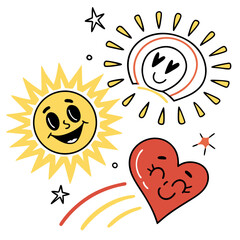 Cheerful suns and heart with happy faces smile
