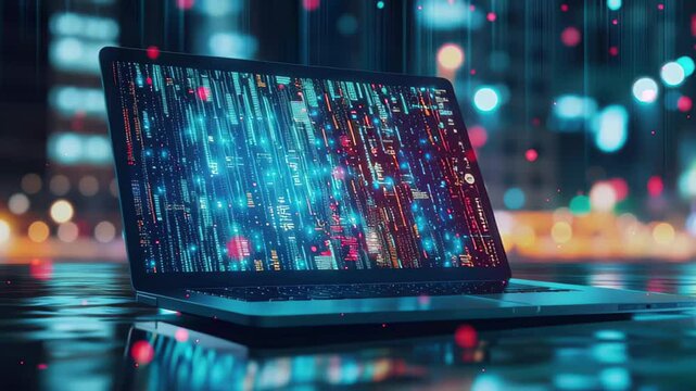 Laptop display showcasing digital data visualization with vibrant colors in a futuristic environment, laptop display that delivers the value of digital business solutions with data analysis