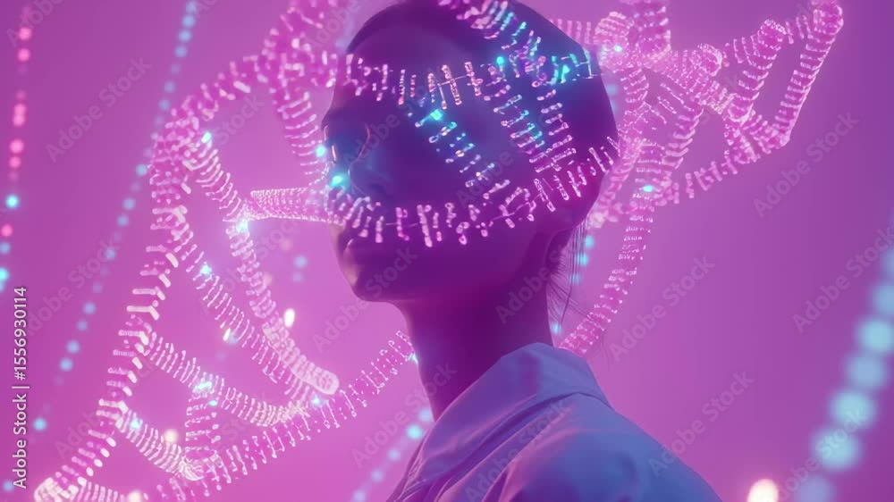 Poster digital data visualization over a dna strand highlights the fusion of science and technology, digita