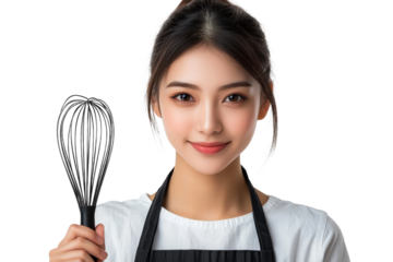 Smiling Young Woman in Chef Apron Holding Whisk Ready to Bake Delicious Treats in Modern Kitchen Environment