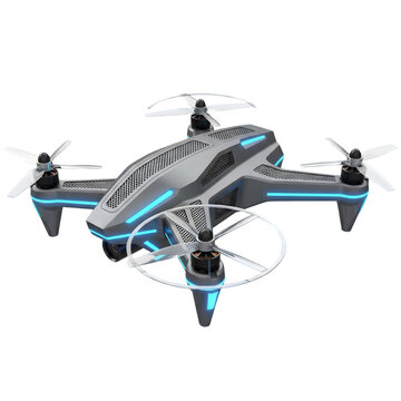 Photo of a futuristic gray drone with bright blue lights is isolated on transparent background, its propellers poised for flight in a detailed 3d rendering