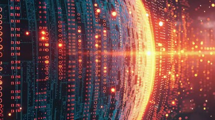 Digital data processing represented through binary code orbiting a globe in a vibrant cosmic setting, binary coding digital data processing over globe - Powered by Adobe