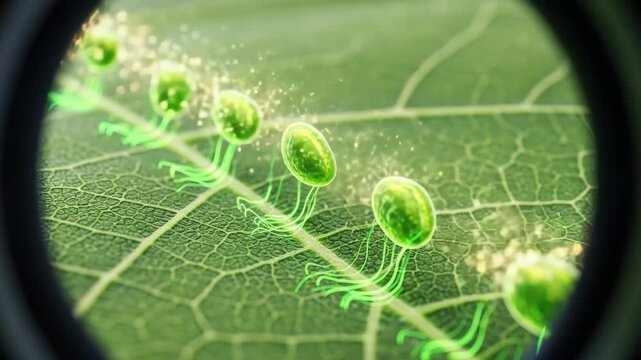 Microscopic view of green algae cells attached to a leaf vein through a microscope lens view