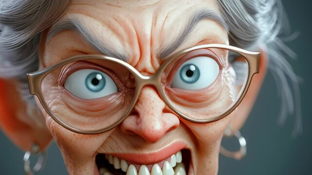 A cartoonish woman with glasses and a frowning face. She is wearing a pair of earrings and a necklace