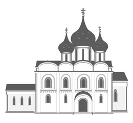 Orthodox cathedral front view with multiple domes in vector art