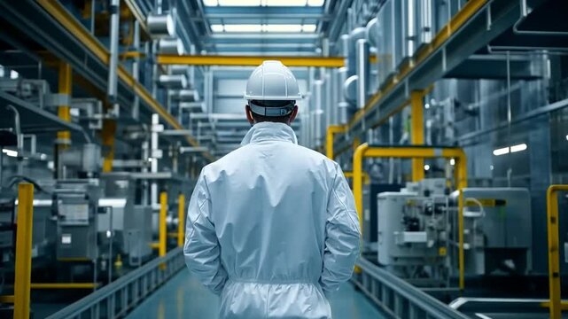 This footage captures a worker in a high-tech industrial setting. The environment showcases advanced machinery and processes, ideal for educational or promotional uses. Generative AI