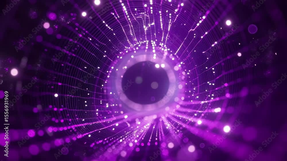 Poster Exploring the depths of a vibrant purple wireframe wave tunnel filled with glowing lights, Abstract purple wireframe wave tunnel background