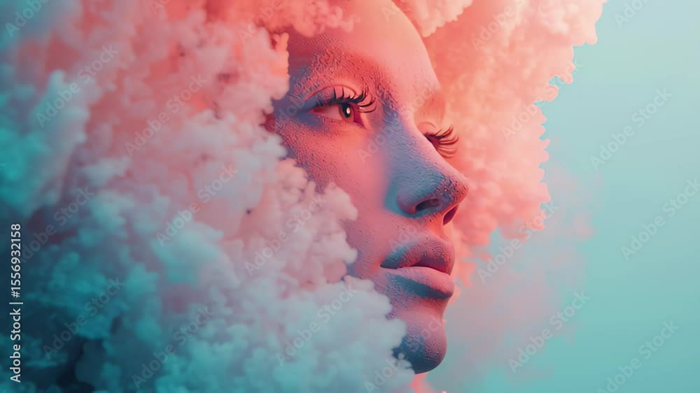 Fototapete Smoke transition mask compositing element creates an ethereal portrait effect with vibrant colors and soft textures, Smoke transition mask compositing element