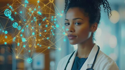 Network of connections illustrated with medical icons in a modern healthcare setting, network of connections with icons over african american female doctor - Powered by Adobe