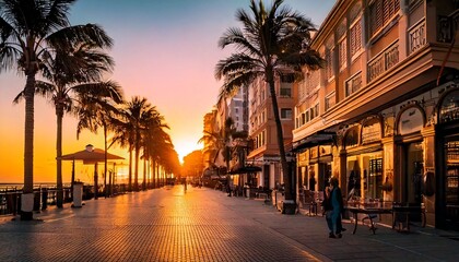 Sunny urban street with palm trees and outdoor cafes