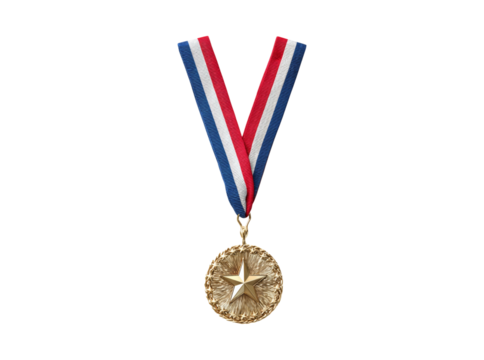 Gold medal with red white and blue ribbon award achievement success, Isolated On Transparent Background, Cut Out