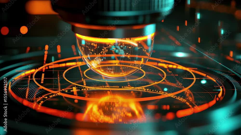 Poster scope scanning and data processing on a black background with illuminated patterns and futuristic le