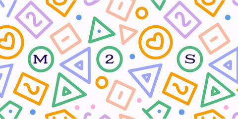 Playful abstract geometric pattern with numbers letters and hearts in pastel colors