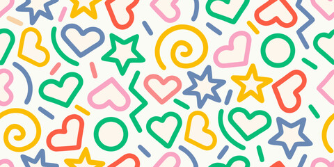 Playful seamless pattern of colorful hearts stars and swirls on white background