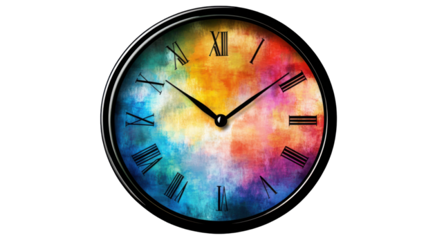Watercolor clock with vibrant multicolor design and artistic timepiece elements on white background
