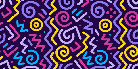 Retro 80s memphis style geometric pattern with swirls and zigzags