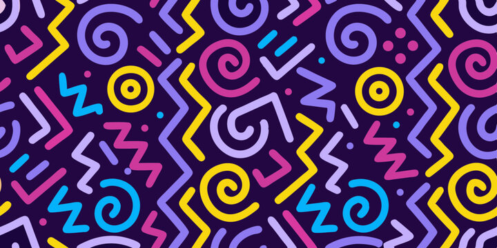 Retro 80s memphis style geometric pattern with swirls and zigzags