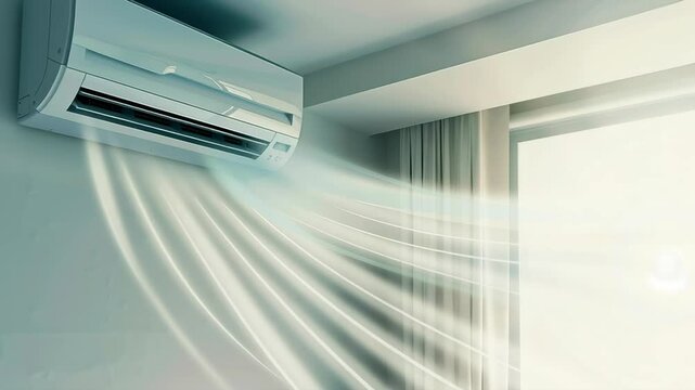 A white air conditioner is blowing out cool air, creating a refreshing breeze in the room. The air conditioner is mounted on the wall, providing efficient cooling for the space