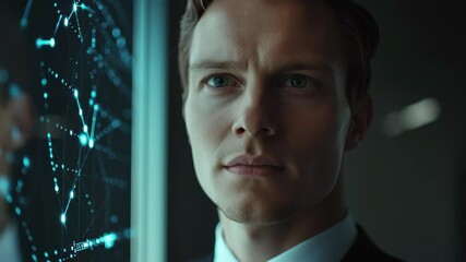 Data processing observation by a businessman in a modern office setting during the day, monitor data processing over caucasian businessman - Powered by Adobe