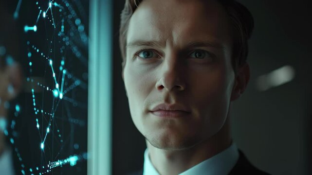 Data processing observation by a businessman in a modern office setting during the day, monitor data processing over caucasian businessman - Powered by Adobe