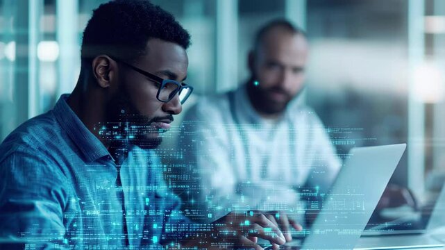 Data processing by diverse professionals in modern office setting with laptops and digital elements, data processing over diverse doctor and man on laptop consulation - Powered by Adobe