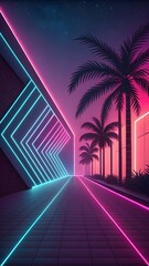 Retro Futuristic Neon Cityscape: Palm Trees, Pink and Cyan Glow, Nighttime Vibe