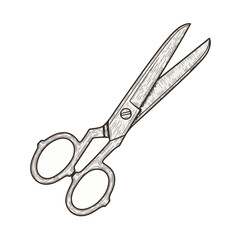 Vintage scissors with pointed blades in hand-drawn style  