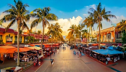 Fototapeta premium Sunny urban street with palm trees and outdoor cafes