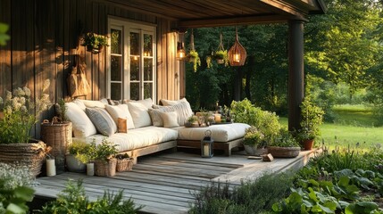 Fototapeta premium Country cottage patio with garden lounge and outdoor decor