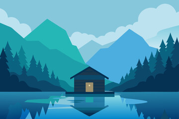 Fototapeta premium Serene Lakeside Cabin Retreat Mountain View Getaway Illustration
