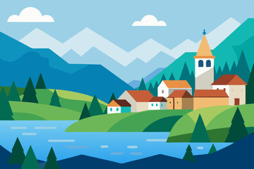 Mountain village landscape with cartoon houses, trees, and sky