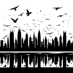 City at dawn silhouette with birds and distant towers