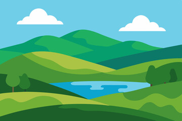 Fototapeta premium Summer mountain landscape with green fields, blue sky, and clouds