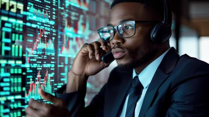 Financial data processing by African American professional using headset in a corporate environment, financial data processing over african american businessman in office - Powered by Adobe