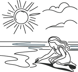 Fototapeta premium Girl drawing in the sand by the ocean under the sun and clouds 