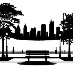 Silhouette of a city skyline with park and street benches
