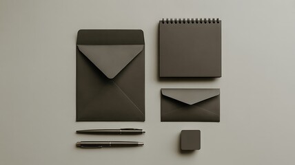 Elegant Monochrome Stationery Mockup Envelope, Notepad, Pens & Eraser