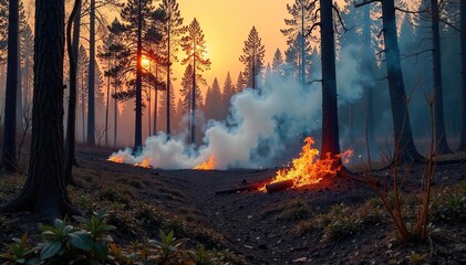Controlled burn in a forest clearing, smoke rising amidst charred trees and new growth A landscape of regeneration and renewal after a prescribed fire , conservation, biodiversity, leaves