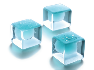 Transparent Ice Cubes with Water Droplets, Teal Hue Clear ice cubes with a faint teal tint, each covered in water