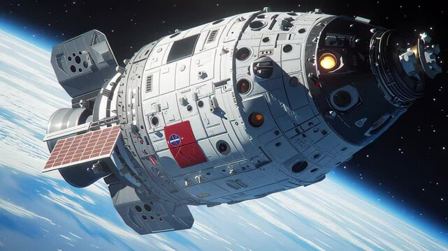 Space module travels through the vastness of outer space with Earth in the background at sunset, The space module flies against the background of a cloudy planet with seas