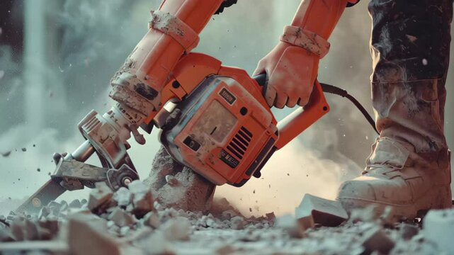 Demolition process using a jack hammer drill to break concrete at a construction site, Building demolition jack hammer drill breaking concrete,slow motion