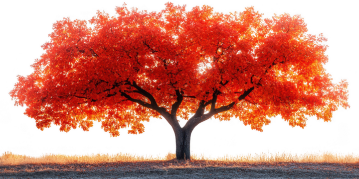 Vibrant Red Autumn Tree with Detailed Branches and Leaves on Transparent Background stunning tree bright red autumn foliage stands prominently The transparent background makes easy