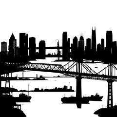 Silhouette of a busy city with bridge and river outline
