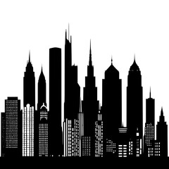 Minimal city skyline with tall buildings and tower silhouettes