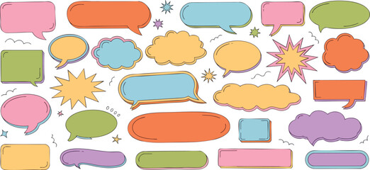 Colorful Speech Bubbles and Thought Balloons Vector Set: Hand-Drawn Style with Outline for Comics, Social Media, and Design Projects, Isolated on Transparent Backdrop