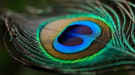 Fototapeta premium A close-up photograph of a peacock feather, with its vibrant blue and green eye pattern