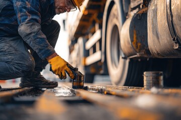 A worker smearing trailer fifth wheel coupling with lubricant oil. Semi-truck mechanical maintenance 