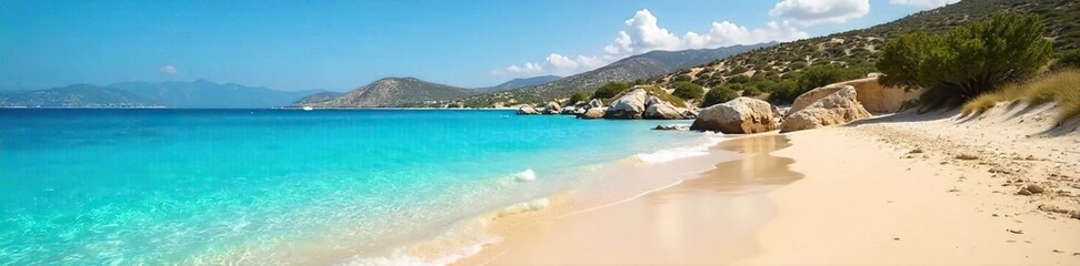 Obraz premium Idyllic Greek Island Beach Sun-Kissed Sand, Turquoise Waters, Relaxation and Escape