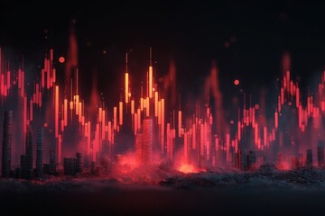 Abstract trading chart with big data and infographics. 3D Fintech concept background with glowing candle chart 